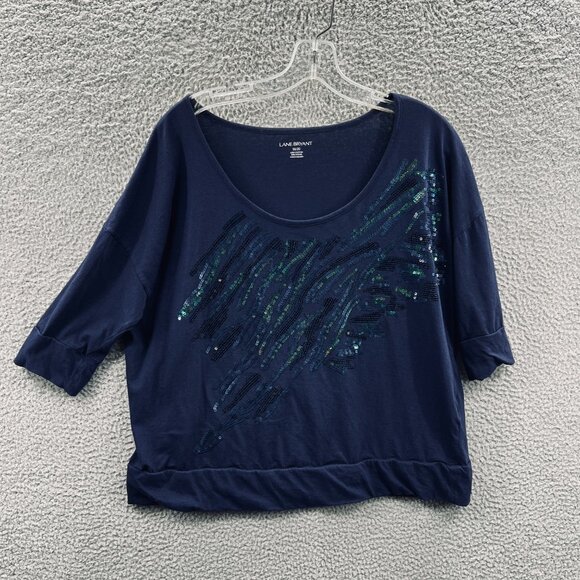 Lane Bryant Womens Top‎ 18/20 Navy Blue Sequin Embellished Scoop Neck 3/4 Sleeve - Picture 1 of 9